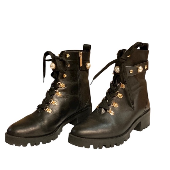 Karl Lagerfeld size 10 black Paris Perry combat boots gold & pearl details
